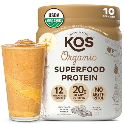 KOS Vegan Proteinpulver, Schokolade Erdnussbutter - Low Carb Erbsenprotein-Mix, USDA Bio Superfood mit Vitaminen & Mineralien - Keto, Soja, Milchfrei - Mahlzeitenersatz für Frauen & Männer - 10 Portionen