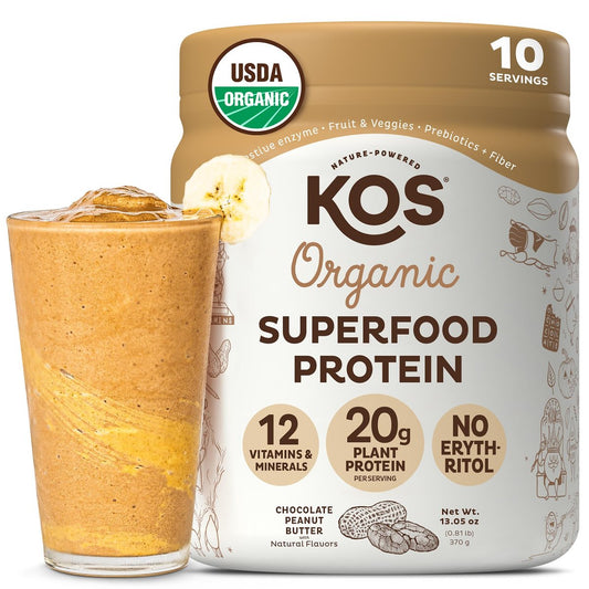 KOS Vegan Proteinpulver, Schokolade Erdnussbutter - Low Carb Erbsenprotein-Mix, USDA Bio Superfood mit Vitaminen & Mineralien - Keto, Soja, Milchfrei - Mahlzeitenersatz für Frauen & Männer - 10 Portionen