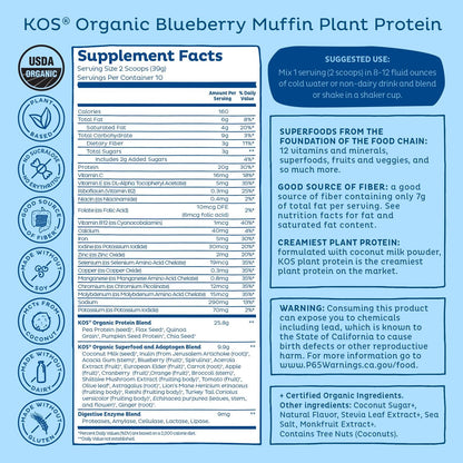 KOS Bio-Pflanzenproteinpulver, Blaubeer-Muffin - Bio-Erbsenprotein-Superfood mit Spirulina und Immununterstützung. Soja-, Gluten-, Milchfrei - Veganer Mahlzeitenersatz für Frauen & Männer - 10 Portionen