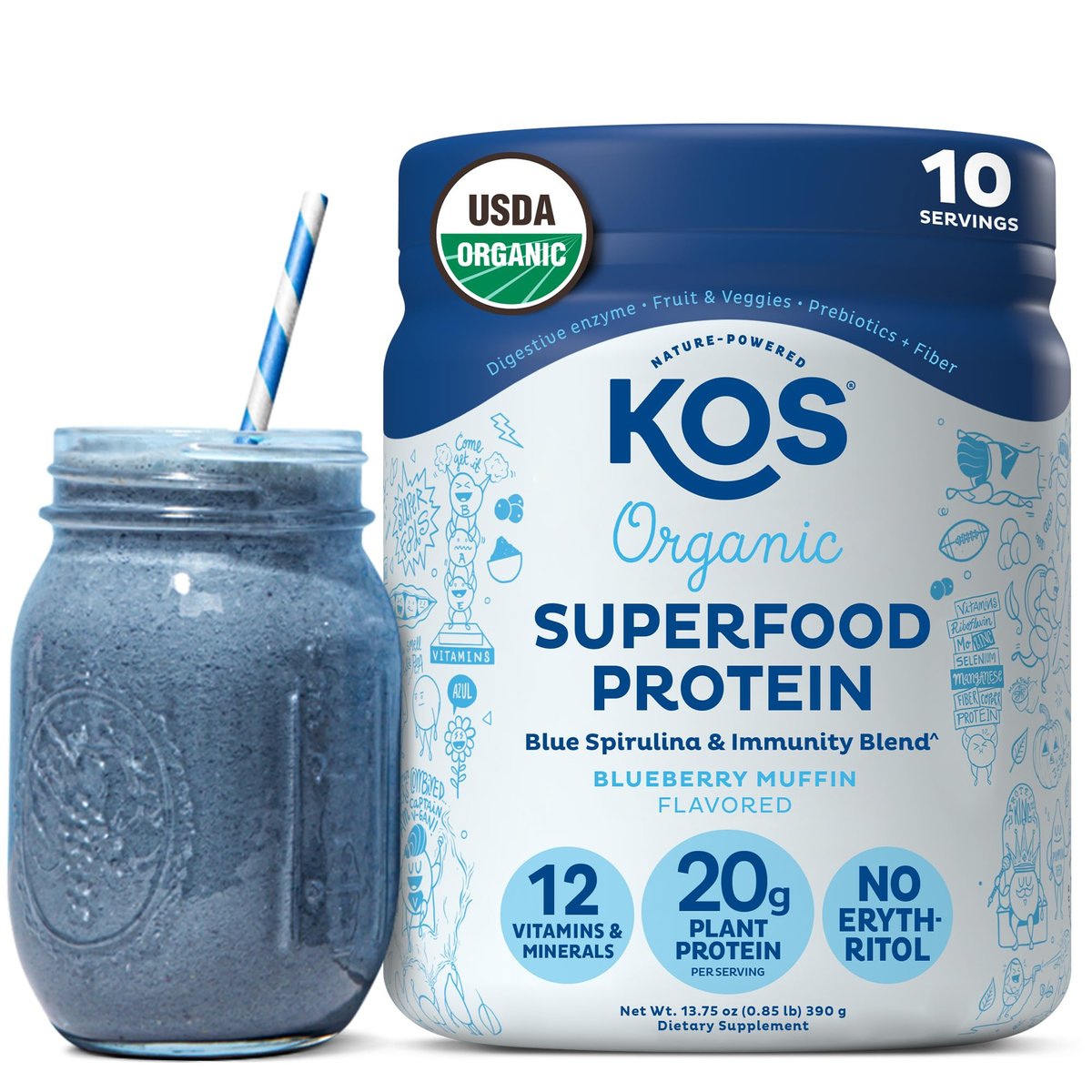 KOS Bio-Pflanzenproteinpulver, Blaubeer-Muffin - Bio-Erbsenprotein-Superfood mit Spirulina und Immununterstützung. Soja-, Gluten-, Milchfrei - Veganer Mahlzeitenersatz für Frauen & Männer - 10 Portionen