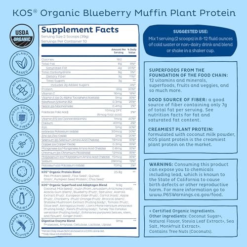 KOS Bio pflanzliches Proteinpulver, Blaubeer-Muffin – Bio-Erbsenprotein-Superfood mit Spirulina und Immununterstützung – Soja-, gluten- und milchfrei – veganer Mahlzeitenersatz für Frauen und Männer – 15 Portionen