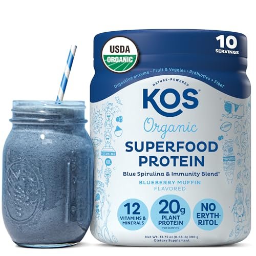 KOS Bio-Pflanzenproteinpulver, Blaubeer-Muffin - Bio-Erbsenprotein-Superfood mit Spirulina und Immununterstützung. Soja-, Gluten-, Milchfrei - Veganer Mahlzeitenersatz für Frauen & Männer - 10 Portionen