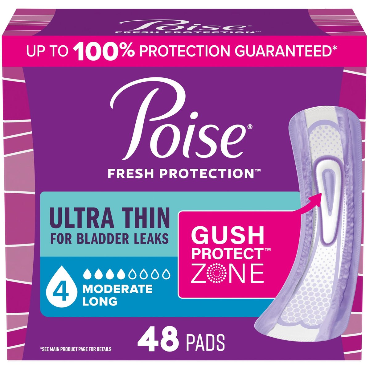 Poise Ultra Thin Inkontinenz- & Wochenbetteinlagen bei Blasenschwäche, 4 Tropfen mittlere Saugstärke, lange Länge, 48 Stück (Verpackung kann variieren)