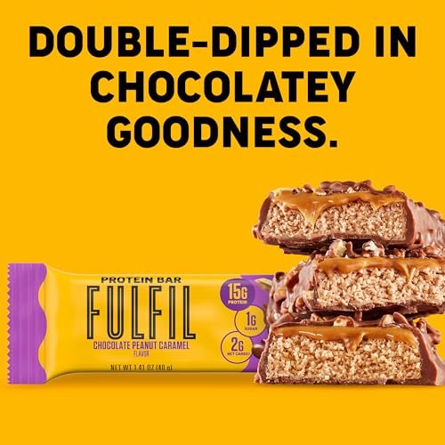 FULFIL Protein Snack Riegel, Schokolade Erdnuss Karamell Geschmack, Glutenfrei mit 15g Protein, Vorratspackung, 12 Stück