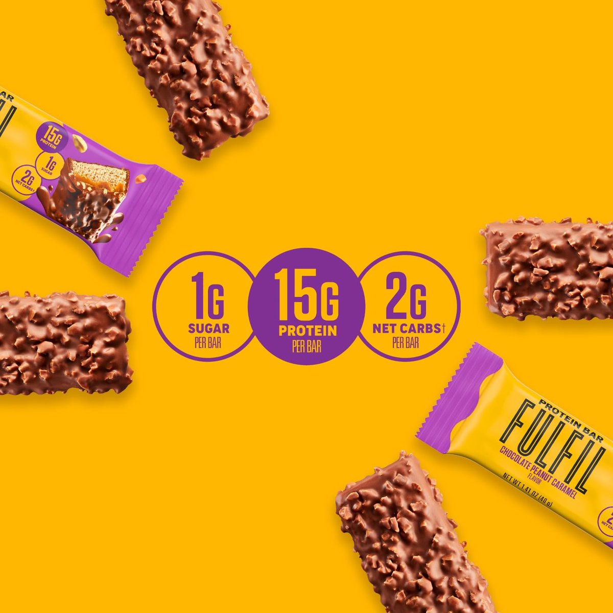 FULFIL Protein Snack Riegel, Schokolade Erdnuss Karamell Geschmack, Glutenfrei mit 15g Protein, Vorratspackung, 12 Stück