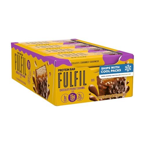 FULFIL Protein Snack Riegel, Schokolade Erdnuss Karamell Geschmack, Glutenfrei mit 15g Protein, Vorratspackung, 12 Stück