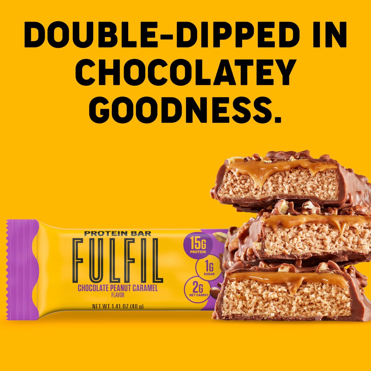 FULFIL Protein Snack Riegel, Schokolade Erdnuss Karamell Geschmack, Glutenfrei mit 15g Protein, Vorratspackung, 12 Stück