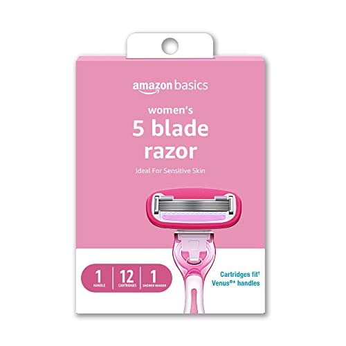 Amazon Basics Damenrasierer mit 5 Klingen für eine glatte, gründliche Rasur – Kompatibel mit Amazon Basics Griff und Venus Griffen – Ideal für empfindliche Haut – Inklusive 1 Griff, 12 Klingen und 1 Duschhalterung