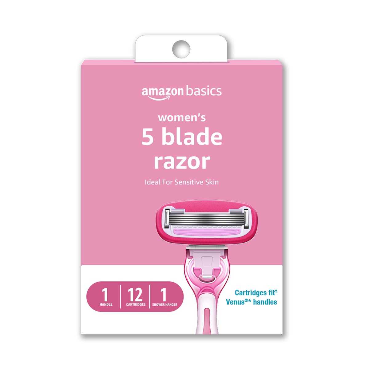 Amazon Basics Damenrasierer mit 5 Klingen für eine glatte, gründliche Rasur – Kompatibel mit Amazon Basics Griff und Venus Griffen – Ideal für empfindliche Haut – Inklusive 1 Griff, 12 Klingen und 1 Duschhalterung