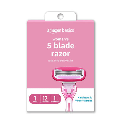 Amazon Basics Damenrasierer mit 5 Klingen für eine glatte, gründliche Rasur – Kompatibel mit Amazon Basics Griff und Venus Griffen – Ideal für empfindliche Haut – Inklusive 1 Griff, 12 Klingen und 1 Duschhalterung