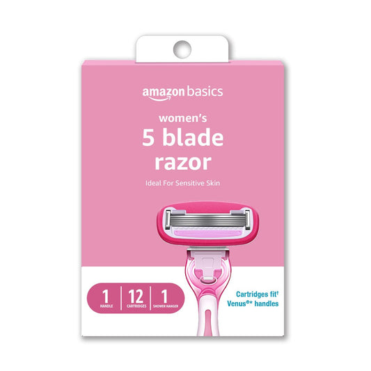Amazon Basics Damenrasierer mit 5 Klingen für eine glatte, gründliche Rasur – Kompatibel mit Amazon Basics Griff und Venus Griffen – Ideal für empfindliche Haut – Inklusive 1 Griff, 12 Klingen und 1 Duschhalterung