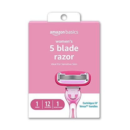 Amazon Basics Damenrasierer mit 5 Klingen für eine glatte, gründliche Rasur – Kompatibel mit Amazon Basics Griff und Venus Griffen – Ideal für empfindliche Haut – Inklusive 1 Griff, 12 Klingen und 1 Duschhalterung