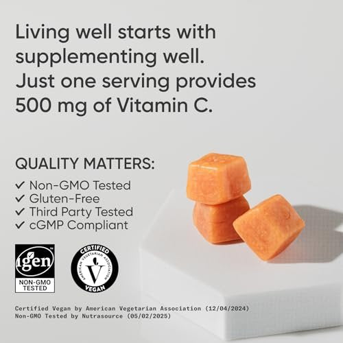 Sports Research® Vitamin C Gummis | 500 mg Vitamin C | Zuckerfrei, Gelatinefrei, Vegan & Nicht-GVO | Immun- & Antioxidantien-Unterstützung | 60 Gummis