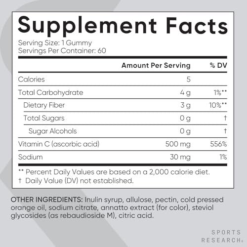 Sports Research® Vitamin C Gummis | 500 mg Vitamin C | Zuckerfrei, Gelatinefrei, Vegan & Nicht-GVO | Immun- & Antioxidantien-Unterstützung | 60 Gummis