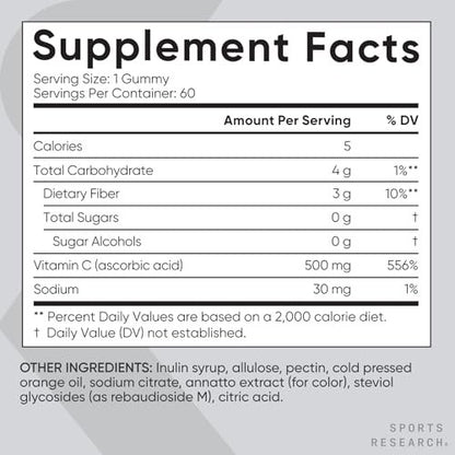 Sports Research® Vitamin C Gummis | 500 mg Vitamin C | Zuckerfrei, Gelatinefrei, Vegan & Nicht-GVO | Immun- & Antioxidantien-Unterstützung | 60 Gummis