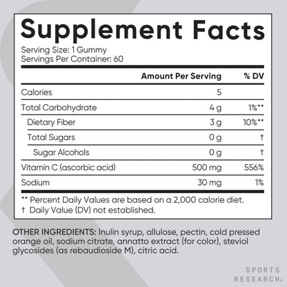 Sports Research® Vitamin C Gummis | 500 mg Vitamin C | Zuckerfrei, Gelatinefrei, Vegan & Nicht-GVO | Immun- & Antioxidantien-Unterstützung | 60 Gummis
