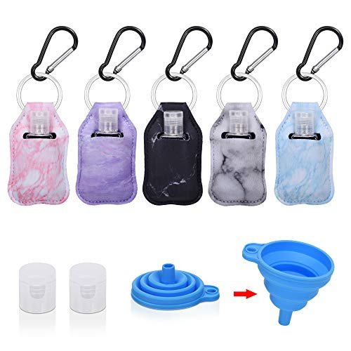 Handdesinfektionsmittel-Halter Schlüsselanhänger, 5er-Pack leere Reiseflaschen und Handdesinfektionsmittel-Schlüsselanhänger Set mit 5 nachfüllbaren Flaschen mit Klappdeckel und 5 Haltern für Rucksack und Kinder
