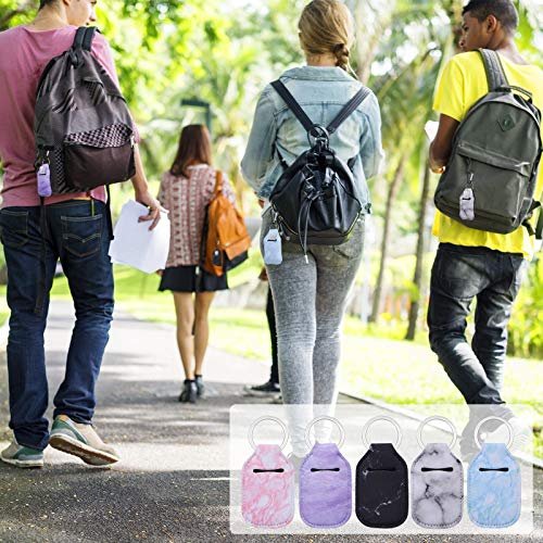 Handdesinfektionsmittel-Halter Schlüsselanhänger, 5er-Pack leere Reiseflaschen und Handdesinfektionsmittel-Schlüsselanhänger Set mit 5 nachfüllbaren Flaschen mit Klappdeckel und 5 Haltern für Rucksack und Kinder