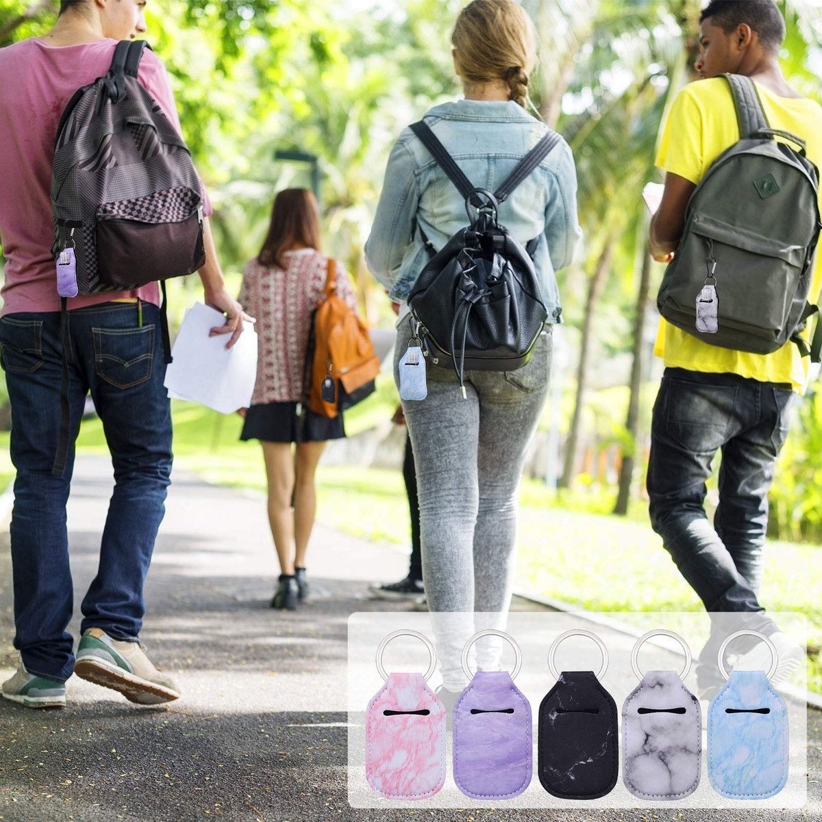 Handdesinfektionsmittel-Halter Schlüsselanhänger, 5er-Pack leere Reiseflaschen und Handdesinfektionsmittel-Schlüsselanhänger Set mit 5 nachfüllbaren Flaschen mit Klappdeckel und 5 Haltern für Rucksack und Kinder