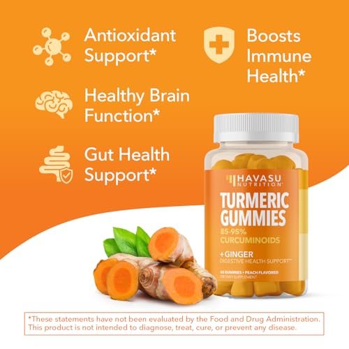 Kurkuma Gummibärchen mit Ingwerwurzelextrakt – Verdauungs- und Immununterstützung für das allgemeine Wohlbefinden – 60 Stück – Vegan, Nicht-GMO Curcumin Vitamin – Pfirsichgeschmack, 1-Monats-Vorrat