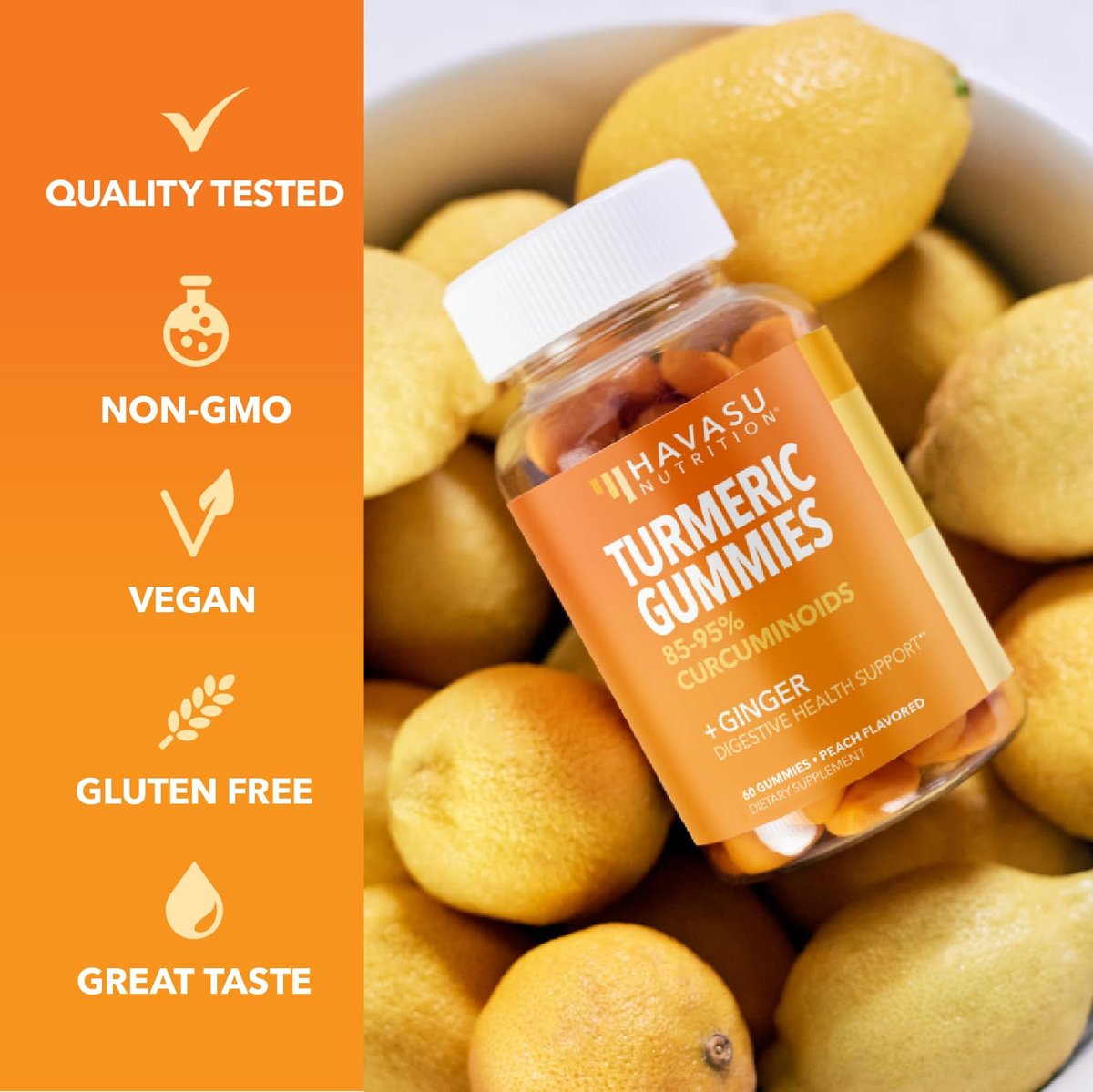 Kurkuma Gummibärchen mit Ingwerwurzelextrakt – Verdauungs- und Immununterstützung für das allgemeine Wohlbefinden – 60 Stück – Vegan, Nicht-GMO Curcumin Vitamin – Pfirsichgeschmack, 1-Monats-Vorrat