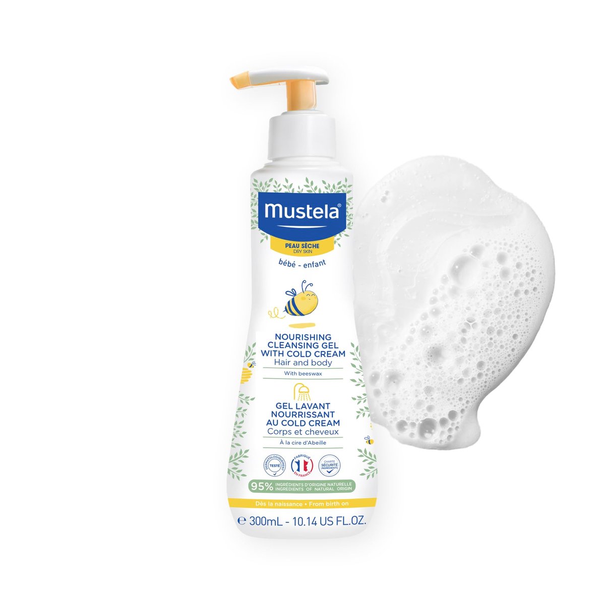Mustela Sanfte Reinigungsgel für Haare & Körper – Feuchtigkeitsspendend für trockene Haut – mit natürlichem Avocadoöl, Cold Cream & Bienenwachs – 300 ml
