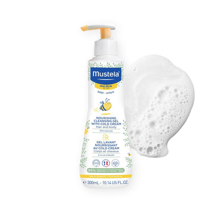 Mustela Sanfte Reinigungsgel für Haare & Körper – Feuchtigkeitsspendend für trockene Haut – mit natürlichem Avocadoöl, Cold Cream & Bienenwachs – 300 ml
