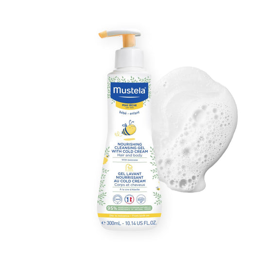 Mustela Sanfte Reinigungsgel für Haare & Körper – Feuchtigkeitsspendend für trockene Haut – mit natürlichem Avocadoöl, Cold Cream & Bienenwachs – 300 ml