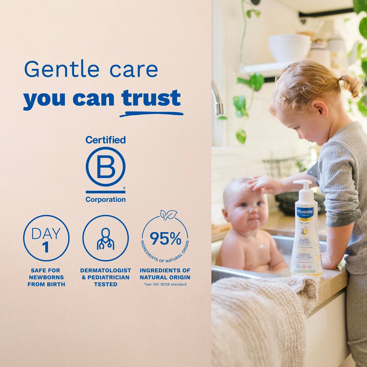 Mustela Sanfte Reinigungsgel für Haare & Körper – Feuchtigkeitsspendend für trockene Haut – mit natürlichem Avocadoöl, Cold Cream & Bienenwachs – 300 ml