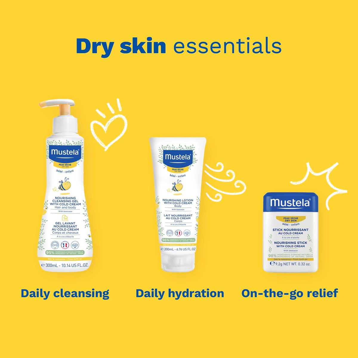 Mustela Sanfte Reinigungsgel für Haare & Körper – Feuchtigkeitsspendend für trockene Haut – mit natürlichem Avocadoöl, Cold Cream & Bienenwachs – 300 ml