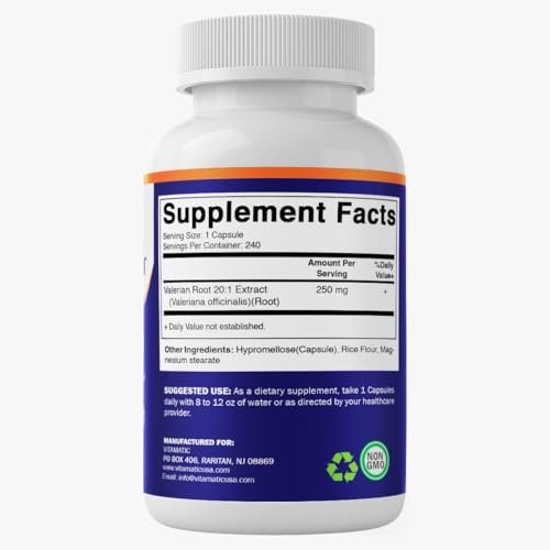 Vitamatic Baldrianwurzel Extrakt 20:1 – Hochkonzentrierte pflanzliche Kapseln – Non-GMO, Glutenfrei – 240 Kapseln