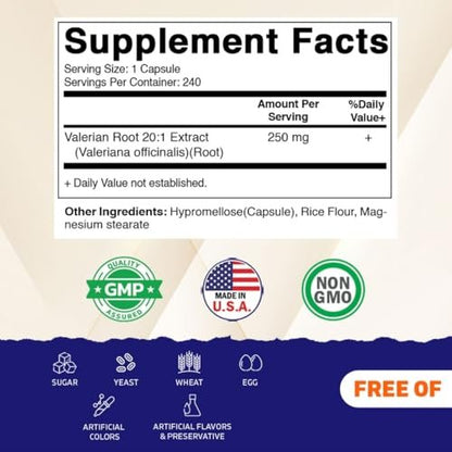 Vitamatic Baldrianwurzel Extrakt 20:1 – Hochkonzentrierte pflanzliche Kapseln – Non-GMO, Glutenfrei – 240 Kapseln