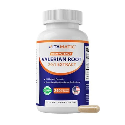 Vitamatic Baldrianwurzel Extrakt 20:1 – Hochkonzentrierte pflanzliche Kapseln – Non-GMO, Glutenfrei – 240 Kapseln