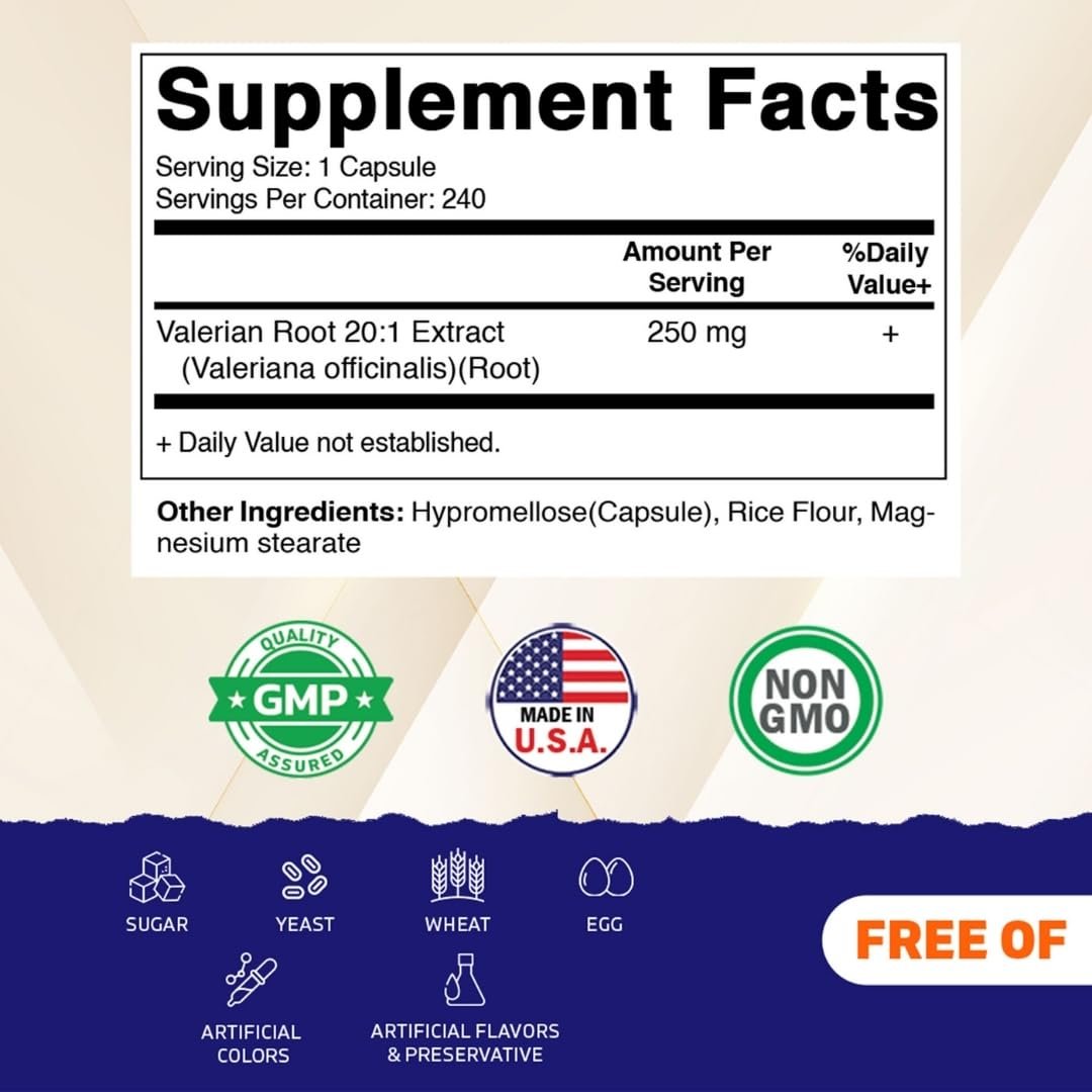 Vitamatic Baldrianwurzel Extrakt 20:1 – Hochkonzentrierte pflanzliche Kapseln – Non-GMO, Glutenfrei – 240 Kapseln