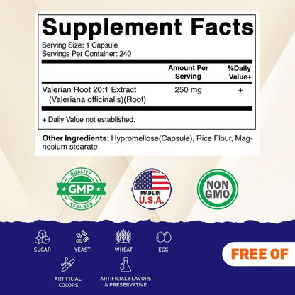 Vitamatic Baldrianwurzel Extrakt 20:1 – Hochkonzentrierte pflanzliche Kapseln – Non-GMO, Glutenfrei – 240 Kapseln