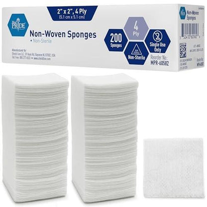 Medpride Chirurgische Schwämme 2'' x 2'' 200er Pack – Mullkompressen, unsteril – Erste-Hilfe-Wundversorgung – Nicht haftende, saugfähige Wundauflagen – 4-lagig