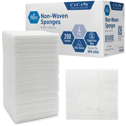 MED PRIDE Vliesstoff unsterile chirurgische Tupfer 200er Pack, 10x10 cm 4-lagige Mullkompressen für Erste Hilfe Wundversorgung