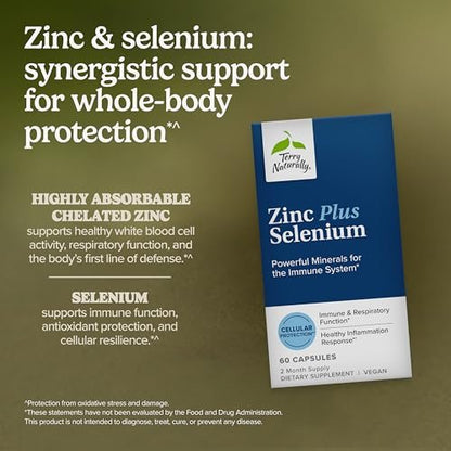 Terry Naturally Zink Plus Selen – Immun- & Atemwegsunterstützung, Mineralstoffkomplex mit Zinkbisglycinat-Chelat und Selen für die Zellgesundheit, 60 Kapseln