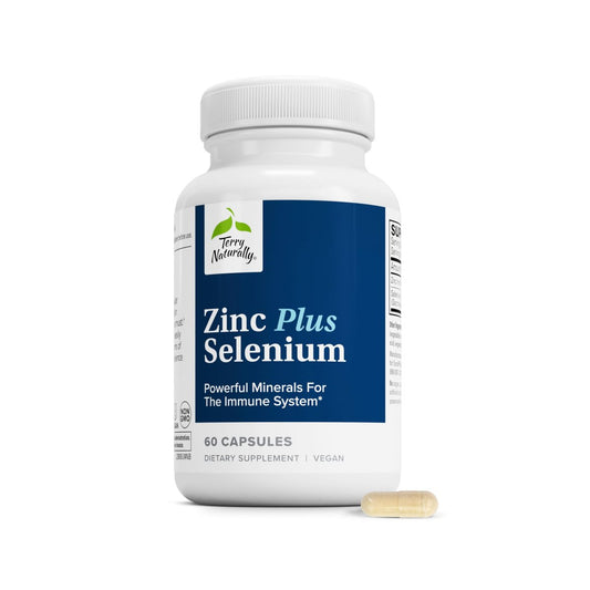 Terry Naturally Zink Plus Selen – Immun- & Atemwegsunterstützung, Mineralstoffkomplex mit Zinkbisglycinat-Chelat und Selen für die Zellgesundheit, 60 Kapseln