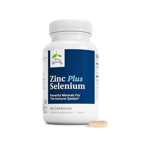 Terry Naturally Zink Plus Selen – Immun- & Atemwegsunterstützung, Mineralstoffkomplex mit Zinkbisglycinat-Chelat und Selen für die Zellgesundheit, 60 Kapseln