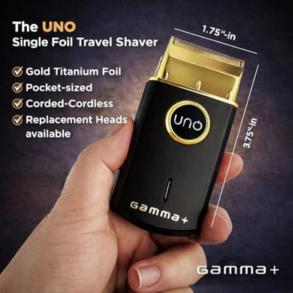 GAMMA+ Uno Mini-Size Rasierer für Herren, kabellos, Folienrasierer, Titan, wiederaufladbar über Micro-USB, für kurze Bartstoppeln, Schwarz