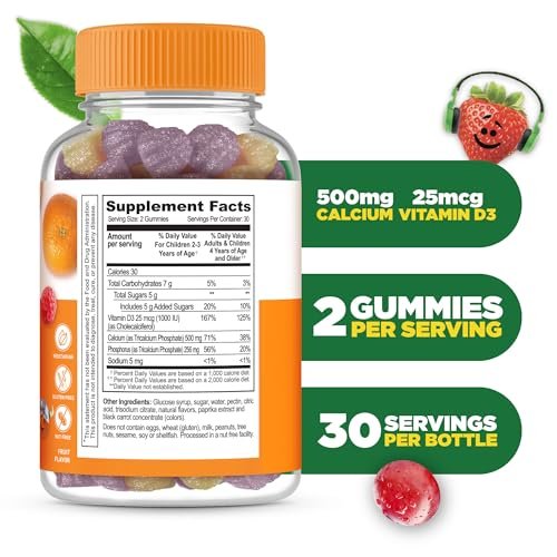 Lifeable Calcium Gummis für Kinder mit Vitamin D3 – 500 mg Calcium & 1000 IE Vitamin D3 – leckere Gummis für Knochenwachstum & Zahngesundheit – 60 Gummis