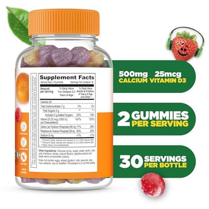 Lifeable Calcium Gummis für Kinder mit Vitamin D3 – 500 mg Calcium & 1000 IE Vitamin D3 – leckere Gummis für Knochenwachstum & Zahngesundheit – 60 Gummis