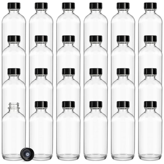 Bekith 24er Pack Klare Boston Runde mit Schwarzem Polykegeldeckel, 4 oz Klare Glasflaschen Probenflaschen für Saft, Ginger Shots, Öle, Whisky, Flüssigkeiten