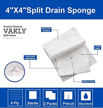 Vakly Split-Kompresse 10x10 cm steril 6-lagig (100 Stück) – Vorgeschnittene, saugfähige Mullkompressen für Wundversorgung, IV-Leitungen & Erste Hilfe