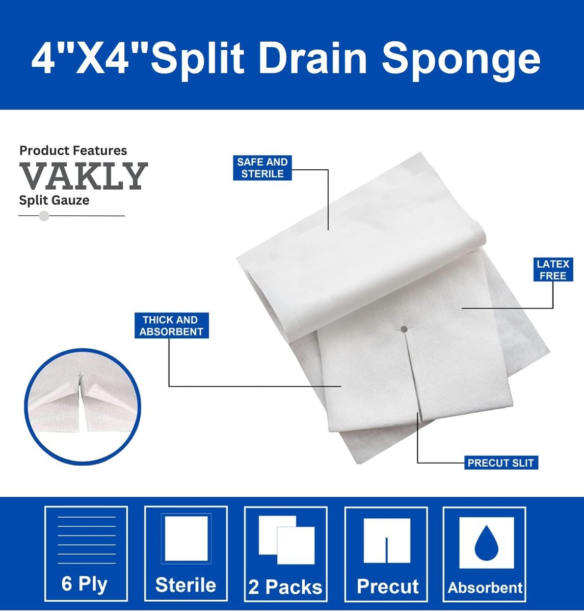 Vakly Split-Kompresse 10x10 cm steril 6-lagig (100 Stück) – Vorgeschnittene, saugfähige Mullkompressen für Wundversorgung, IV-Leitungen & Erste Hilfe
