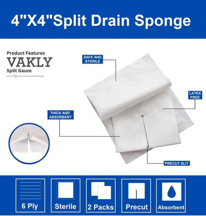 Vakly Split-Kompresse 10x10 cm steril 6-lagig (100 Stück) – Vorgeschnittene, saugfähige Mullkompressen für Wundversorgung, IV-Leitungen & Erste Hilfe