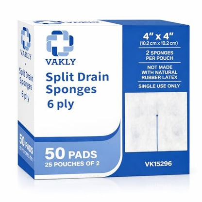 Vakly Split Drain Sponge Gaze 4x4 Steril 6-fach – 50 Stück (25 Packungen à 2) Vorgeschnittene saugfähige Non-Woven-Pads für I.V.-Leitungen, Tracheotomie & Wundversorgung