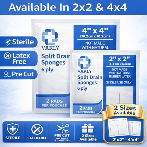 Vakly Split Drain Sponge Gaze 4x4 Steril 6-fach – 50 Stück (25 Packungen à 2) Vorgeschnittene saugfähige Non-Woven-Pads für I.V.-Leitungen, Tracheotomie & Wundversorgung