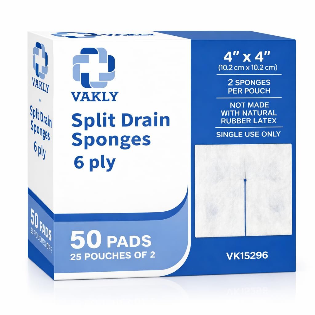 Vakly Split Drain Sponge Gaze 4x4 Steril 6-fach – 50 Stück (25 Packungen à 2) Vorgeschnittene saugfähige Non-Woven-Pads für I.V.-Leitungen, Tracheotomie & Wundversorgung